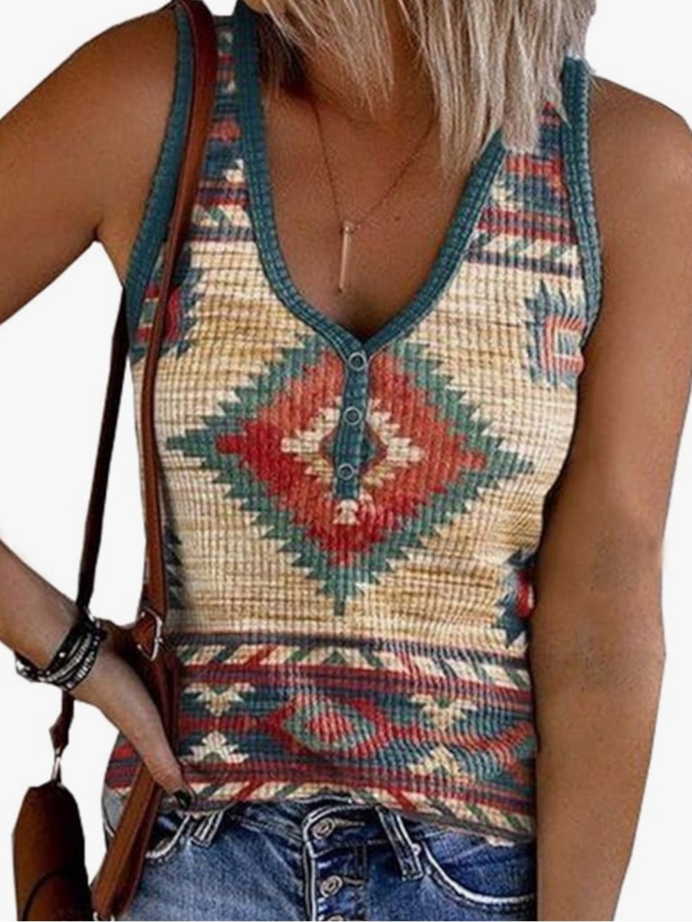 Chic Nation Multicolor Aztec Henley Tank Top - Teal Trim